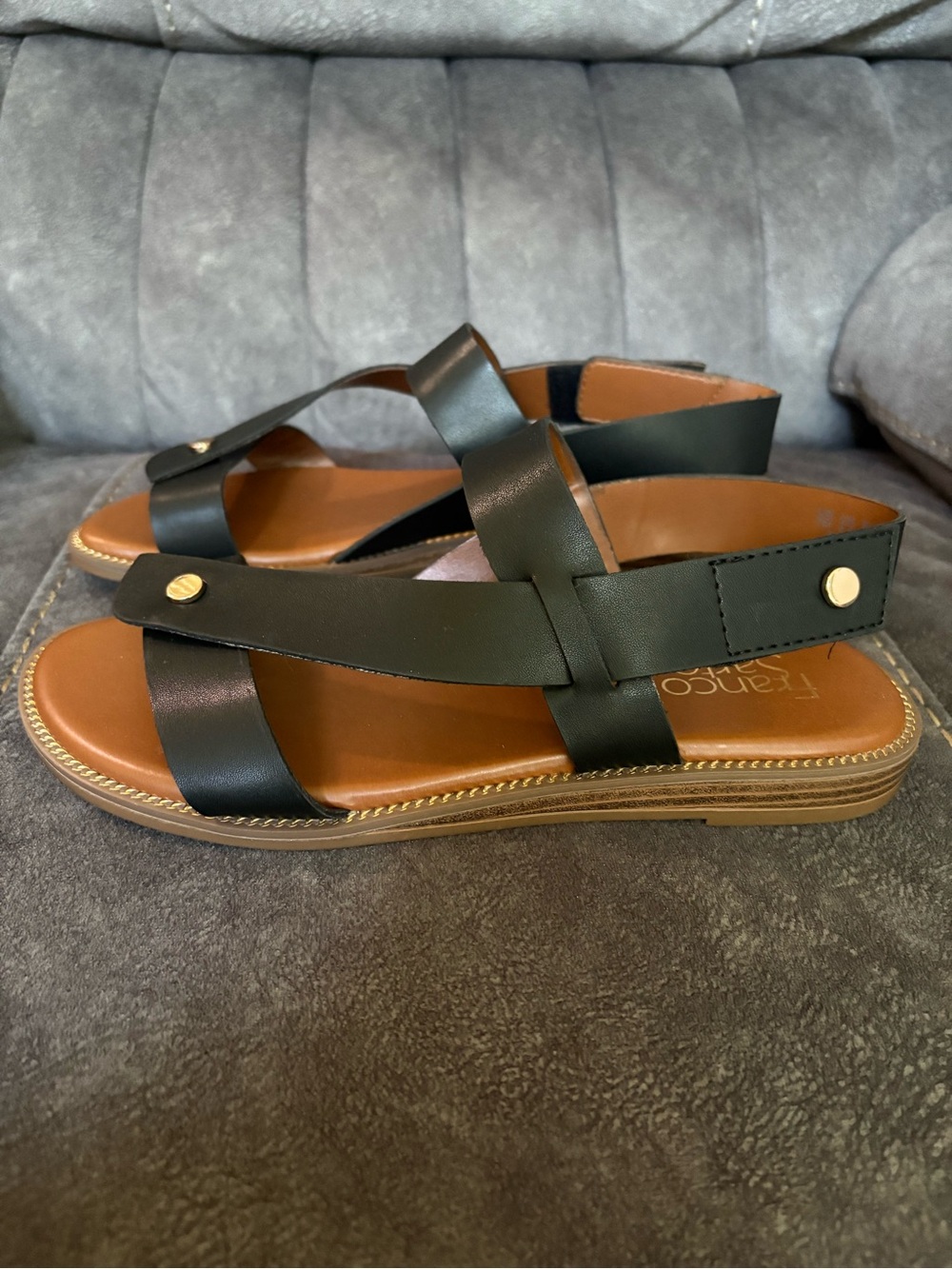 Franco Sarto Black and Brown Leather Cross-Strap Sandals - Picture 2 of 6